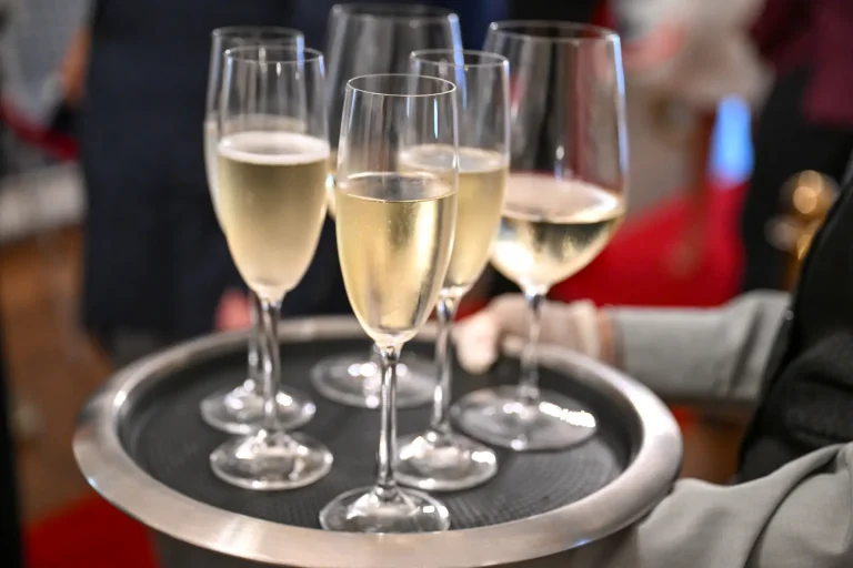 Champagne glasses on a tray