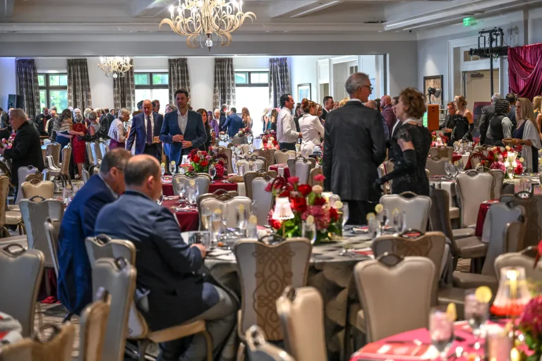A wide view of the ballroom during dinner